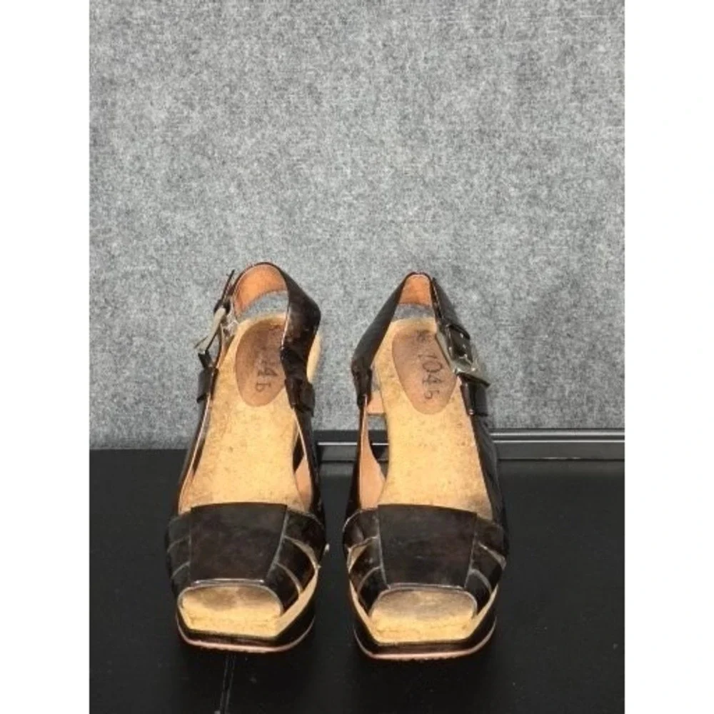 N 704 b Anthropologie Bronze Metallic Leather Cork Platform Wedge Sandals 37.5‎